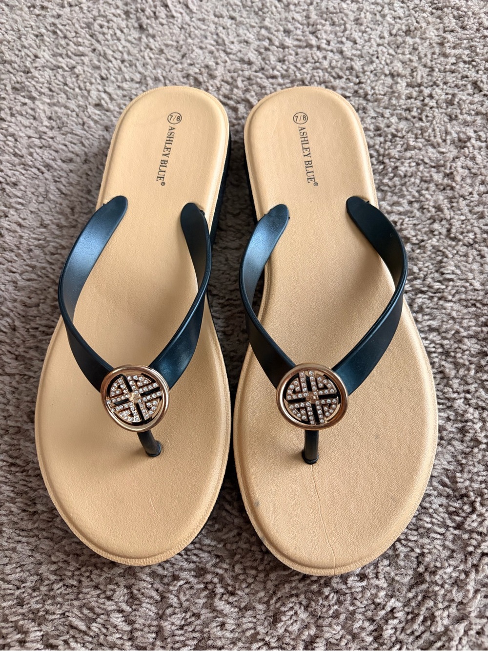 Ashley Blue Black Strap Sandals with Tan Footbed and Jeweled Medallion